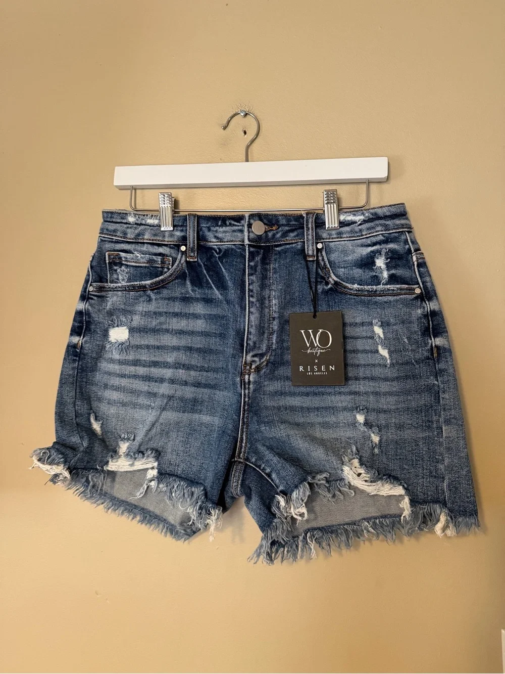 Risen High-Rise Distressed Denim Shorts NEW